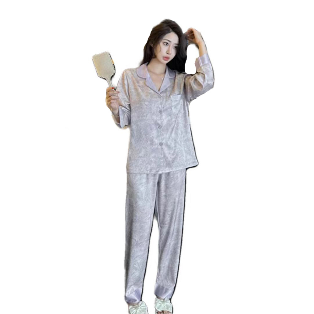 Pyjama en soie glacée pour femmes, nouveau style, manches longues, ouvert sur le devant, vêtements de maison, brume violette, doux et confortable