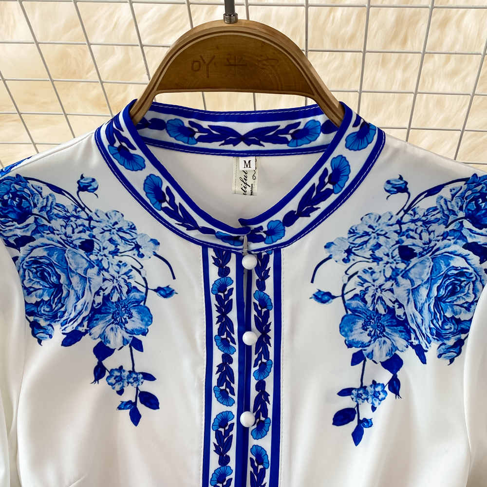 Robe droite à col rond imprimée en porcelaine bleue et blanche S M L XL 2XL