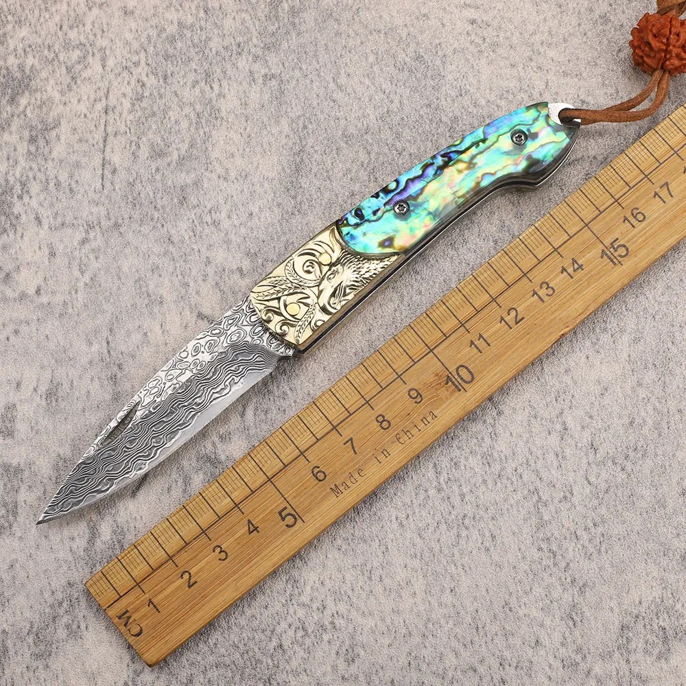 New Arrival A2239 Damascus Folding Knife Damascus Steel Blade Abalone Shell with Engraved Copper Head Handle Outdoor EDC Pocket Knives with Nylon Bag