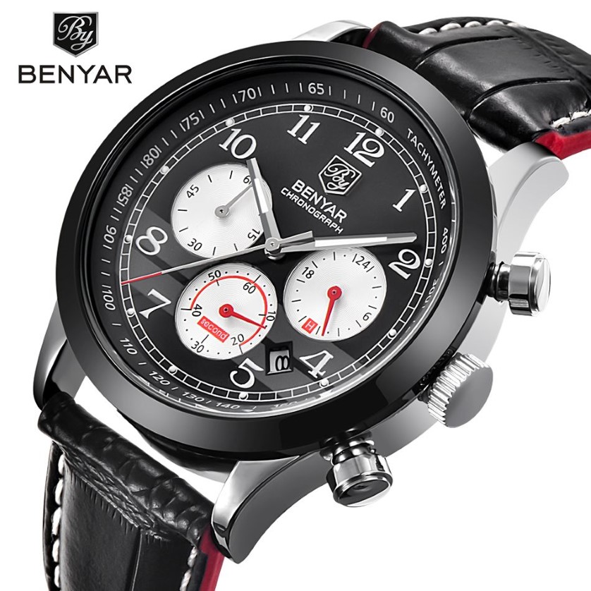 Benyar Brand Sport Waterproof Chronograph Men Watch Top Brand Luxury Male Leather Quartz Military Wrist Watch Men ClockSaat227D