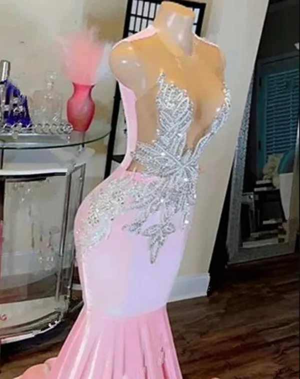 Long Pink Mermaid Prom Dresses 2024 Luxury Sparkly Beaded Diamond Rhinestones Evening Gown Black Girl Prom Gala Gowns Robes 0219