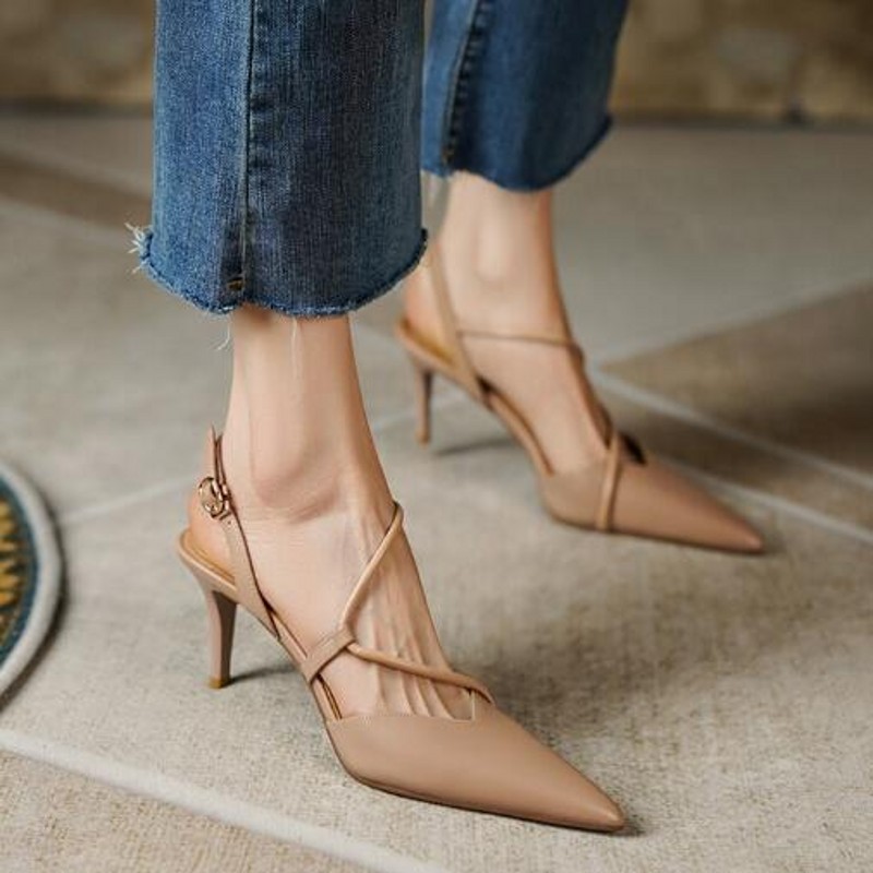 Elegant White Beige Women Mary Jane Shoes Fashion High heel Genuine Leather Pointed toe Party Dress Shoes