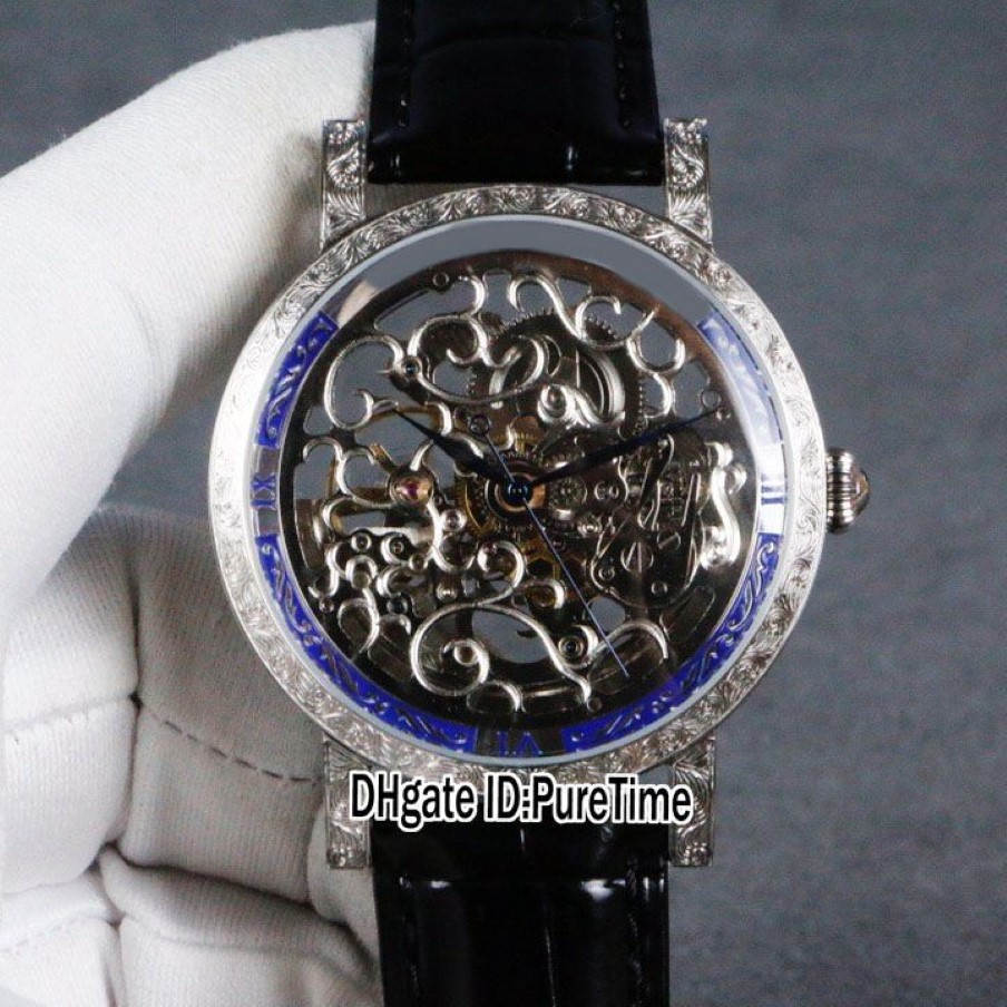 Nowa Calatrava 5180 1R Tourbillon Automatyczna męska zegarek rzeźbiony stalowy szkielet szkielet biały niebieski męski zegarek skórzane zegarki Pureti258k