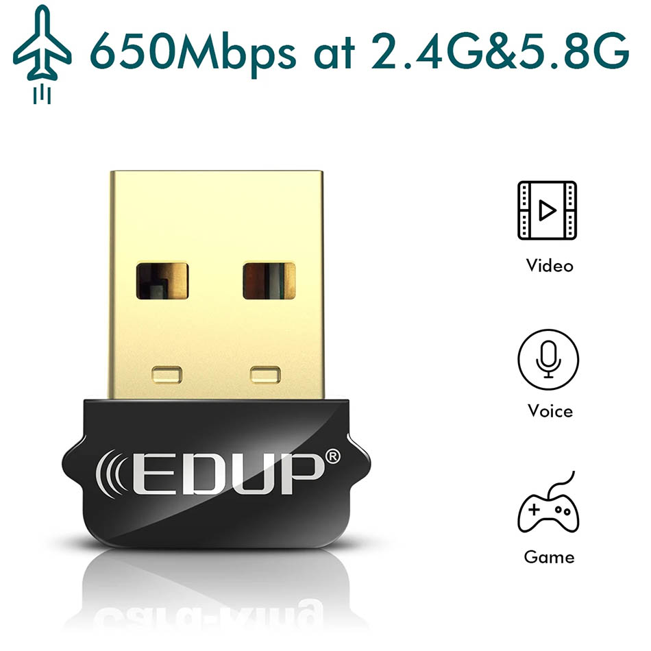 EDUP 650Mbps USB WiFi Adapter 2.4Ghz 5.8Ghz 650M Dual Band Wireless External Receiver WiFi Dongle for PC Laptop Desktop EP-AC1651