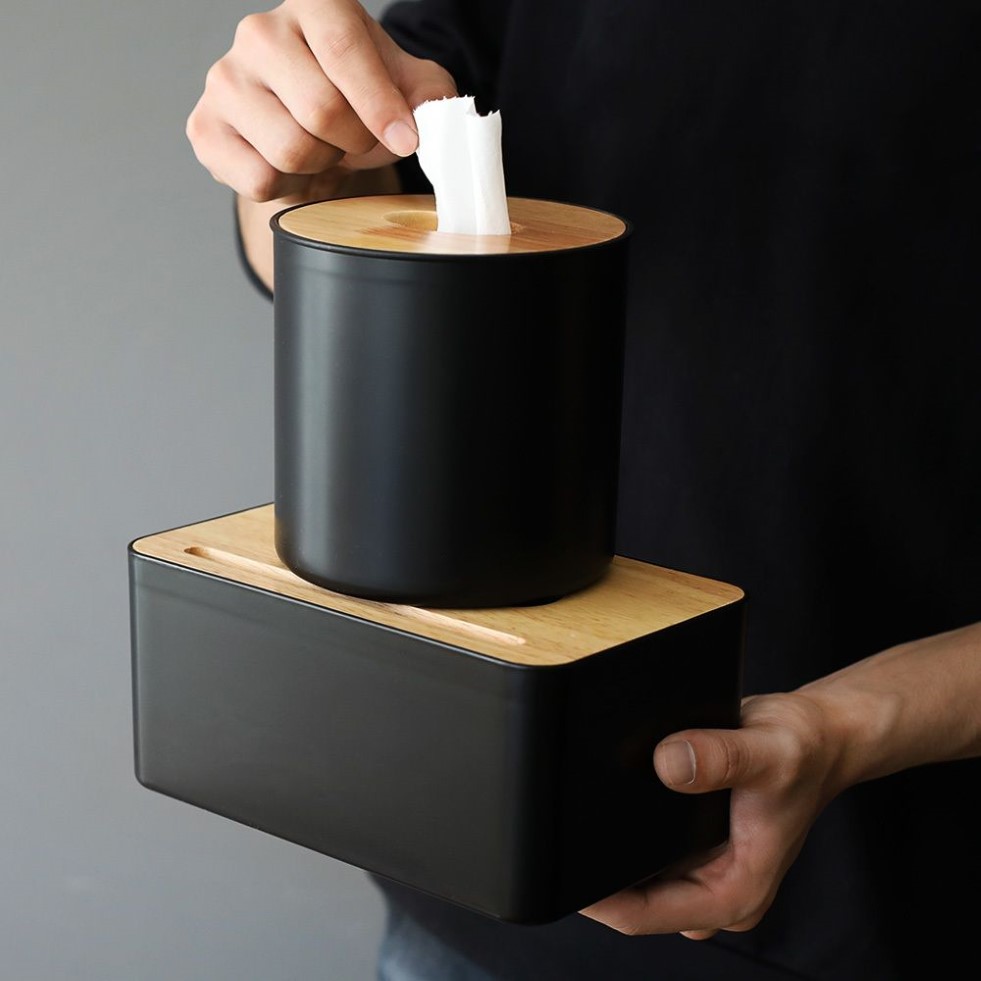 Conteneurs de mouchoirs de couleur noire modernes avec support de téléphone, couverture en bois, type de siège, rouleau de papier, boîte de rangement pour tampons de coton Y20241C