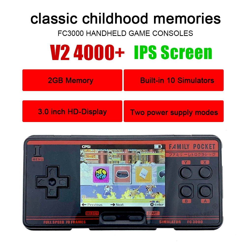 Spelare Nyaste FC3000 V2 IPS -skärm Handhållen Game Console 10 Simulator Children's Color Screen Game Console AV Sut Dropshipping