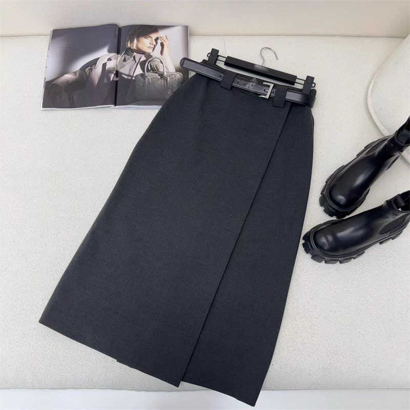 Skirts designer brand 2024 Early Spring New Pra Versatile Triangle Leather Label Decoration Belt Temperament Gray Matching Piece Mid Length Skirt K7BF