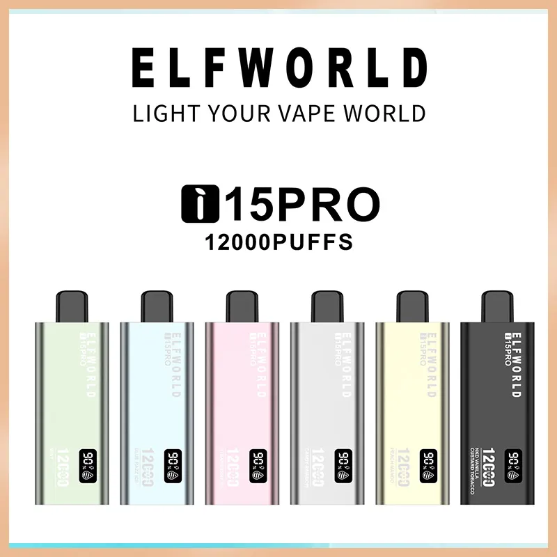 Original ELF WORLD i15 PRO 12000 Puffs Electronic Cigarette Vape Pen Disposables ELFWORLD 18ml With 600mah Rechargeable Battery Type C Mesh Coil