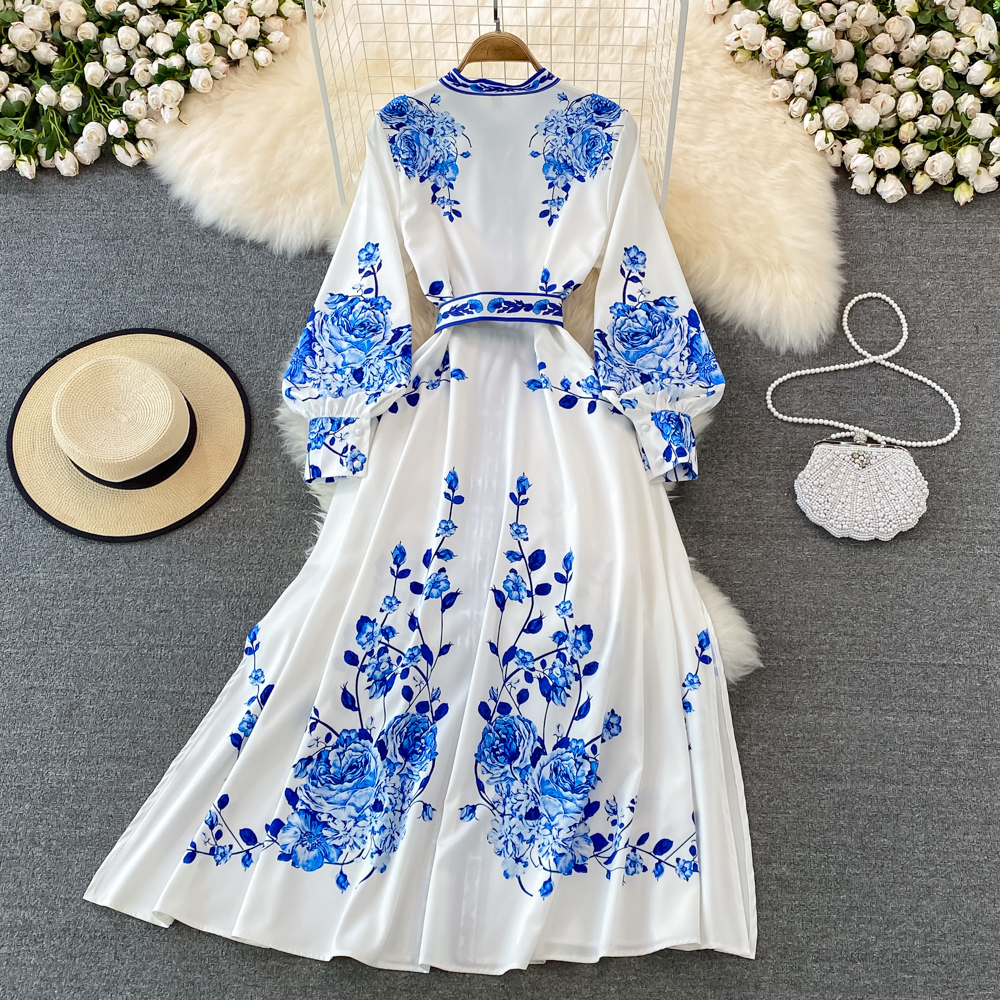 Robe droite à col rond imprimée en porcelaine bleue et blanche S M L XL 2XL