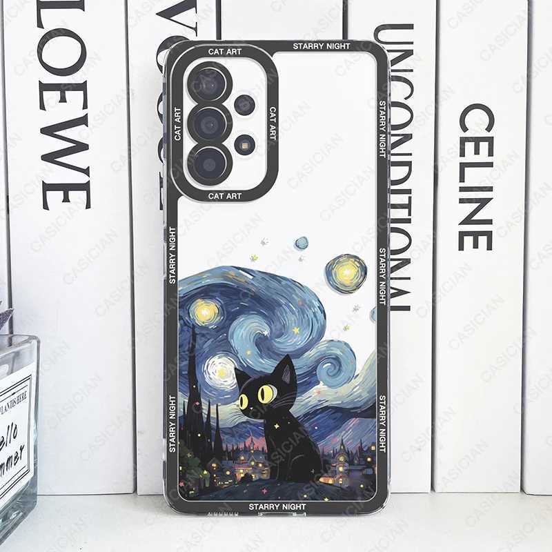 Cell Phone Case Fall för Samsung Galaxy S20 Plus S21 Fe S22 S23 S24 Ultra A53 A52 A54 A33 Van Gogh Starry Night Funny Cat Art Phone Cover YQ240221