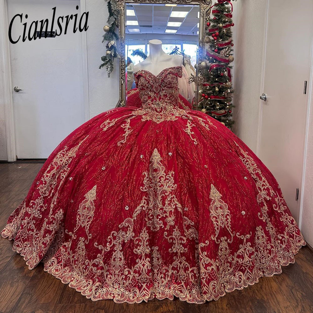 Sparkly Red Lace Floral Quinceanera Dresses Ball Off the Shoulder Tulle Prom Dress Party Gowns For 16 Sweet Girls