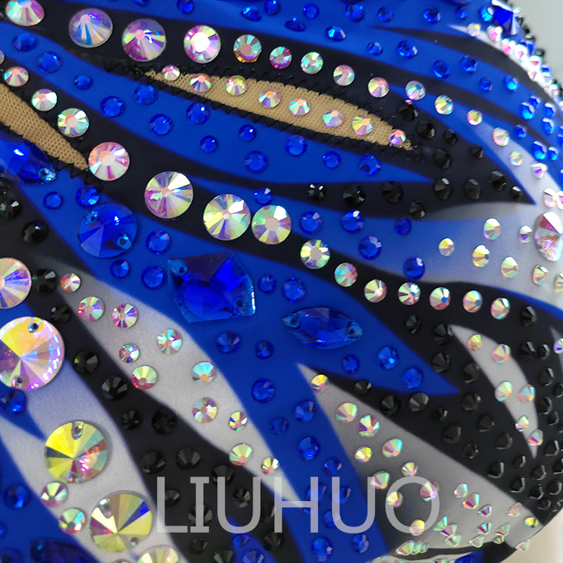 Liuhuo renkleri özelleştir, Senkronize Yüzme Takımları Kız Kadın Kalite Kristalleri Esnek Kalite Rhinestones Yüzme Takımı Performansı Mavi BD1897