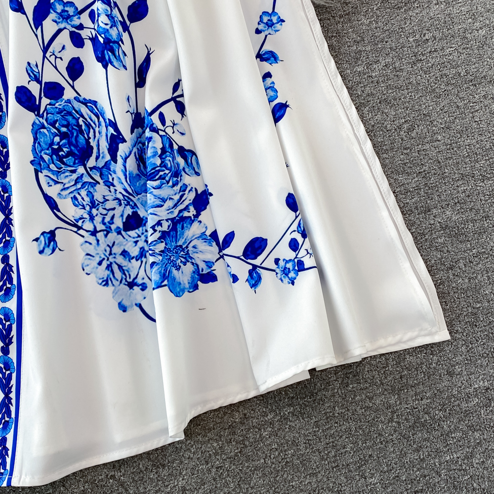 Blau-weißes Porzellan bedrucktes einreihiges Kleid mit Rundhalsausschnitt S M L XL 2XL