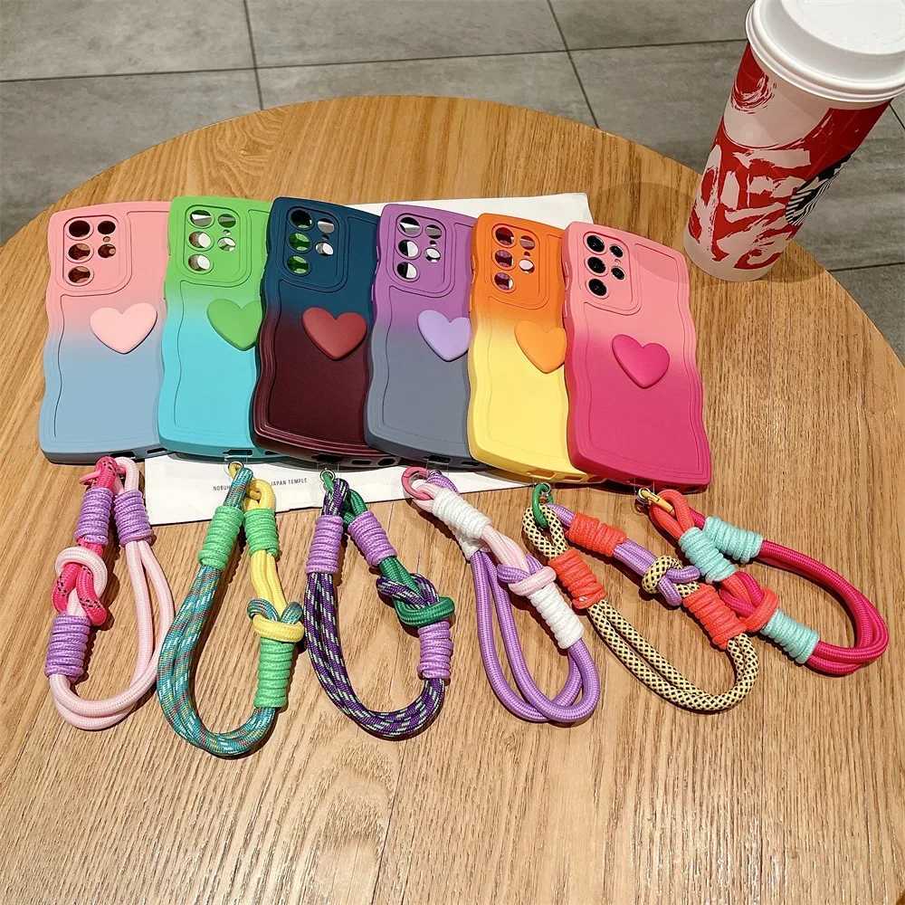 Cell Phone Cases Cute Love Heart Wrist Strap Case for Samsung Galaxy S23 S24 Ultra S22 S21 Plus S20 FE A54 A34 A53 A52 A14 Lanyard Gradient Cover YQ240221