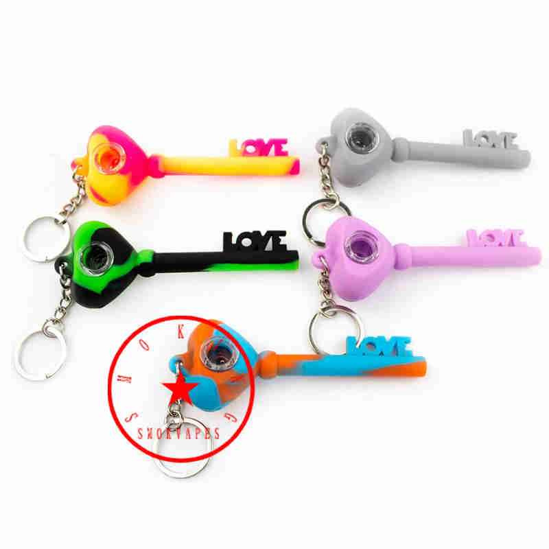 Latest Colorful LOVE Key Shape Silicone Hand Pipes Glass Filter Holes Screen Bowl Portable Herb Tobacco Cigarette Holder Smoking Pocket Handpipes DHL