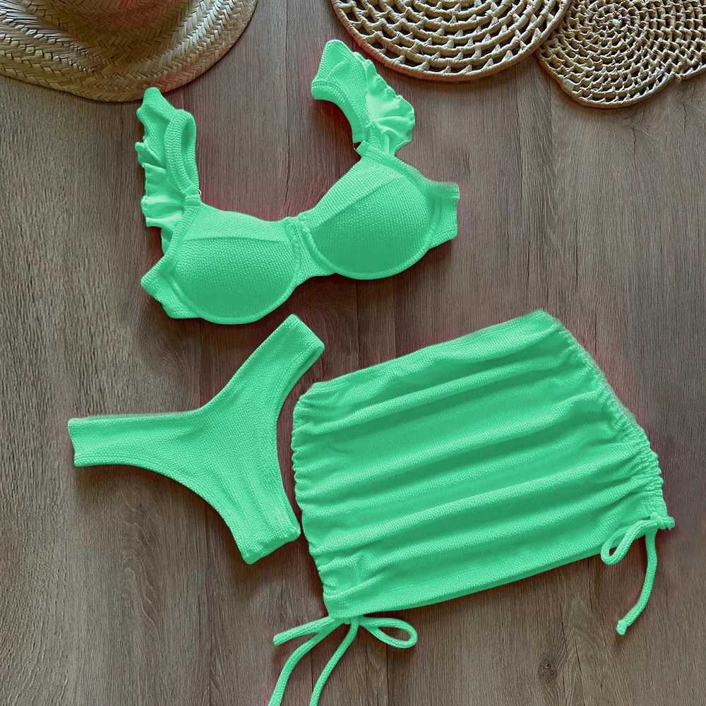 Mulheres Swimwear Sólido Tecido Ondulado Cintura Baixa Bikini Set Cover Up Swimsuit Para Mulheres Push Up Ruffle Três Peças Swimwear 2023 Beach Bathing Suits J240221