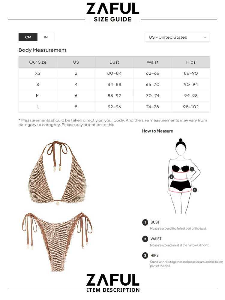 Kvinnors badkläder Zaful Womens Swimsuit Competition Multi Way Jämförelse Fiske Net Sling Bandeau slips sida tanga två bit bikini baddräkt set j240221
