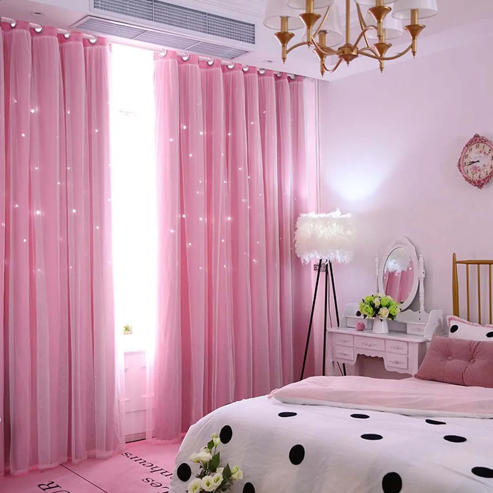 Cortina blackout com estrelas ocas de camada dupla para quarto de crianças, cortinas transparentes para sala de estar, janela de quarto de meninas com tule branco 240219