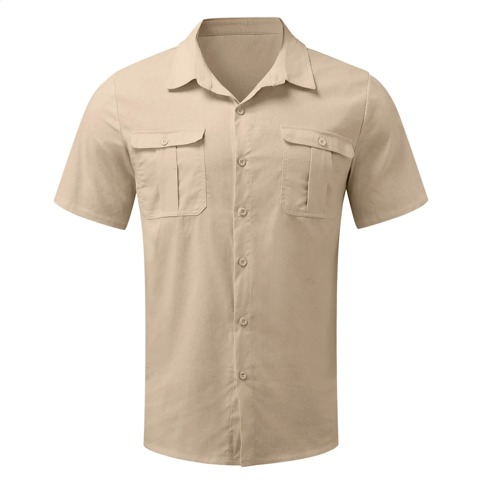 Pamuk Keten Erkekler Kısa Çevirilmiş Gömlek Yaz Düz Renk Stand up Yellow Casual Beach Style Plus Sizemale M5XL 240219