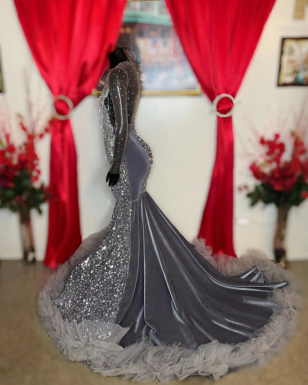 Grey Sparkly Sequins Prom Dresses Major Beads Sheer Neck Mermaid Party Dress Black Girls Backless Occasion Evening Gowns