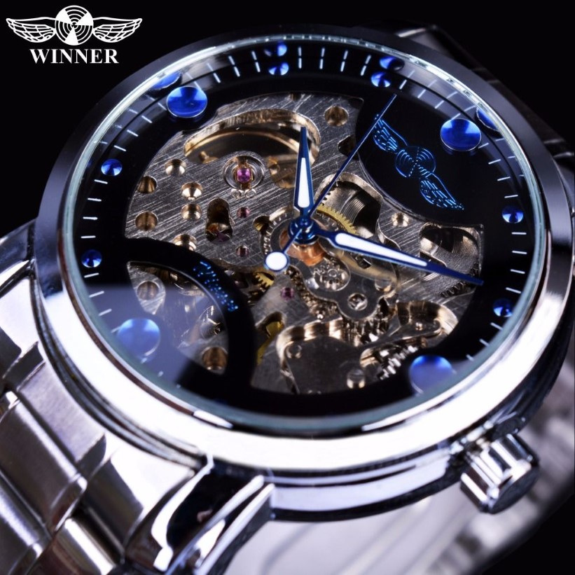 Vincitore Blue Ocean Fashion Casual Designer Orologio da uomo in acciaio inossidabile con scheletro Orologi da uomo Top Brand di lusso meccanico a carica manuale Wa332q