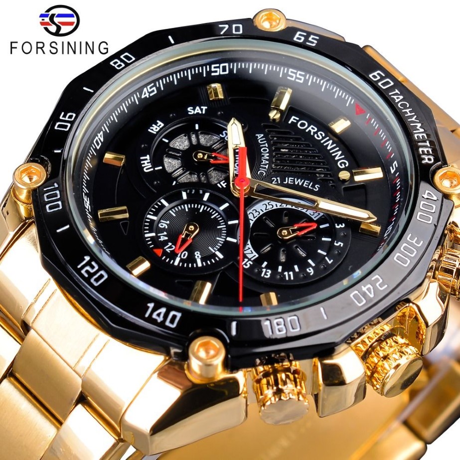 Forsining Watch Golden Stainless Steel Three Dial Design Mens Racing Sport 자동 손목 시계 최고의 브랜드 럭셔리 릴로고 메카이 247e