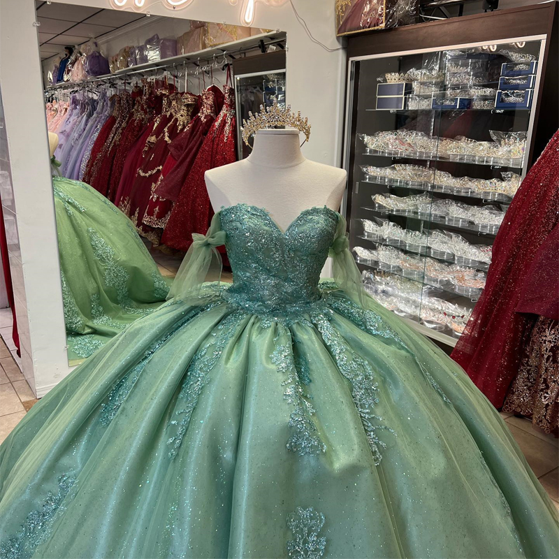 Sage Green Tull Shiny Ball Gown Quinceanera Dresses Off the Shoulder Sequined Appliques Lace Beading Corset Vestidos De 15 Anos