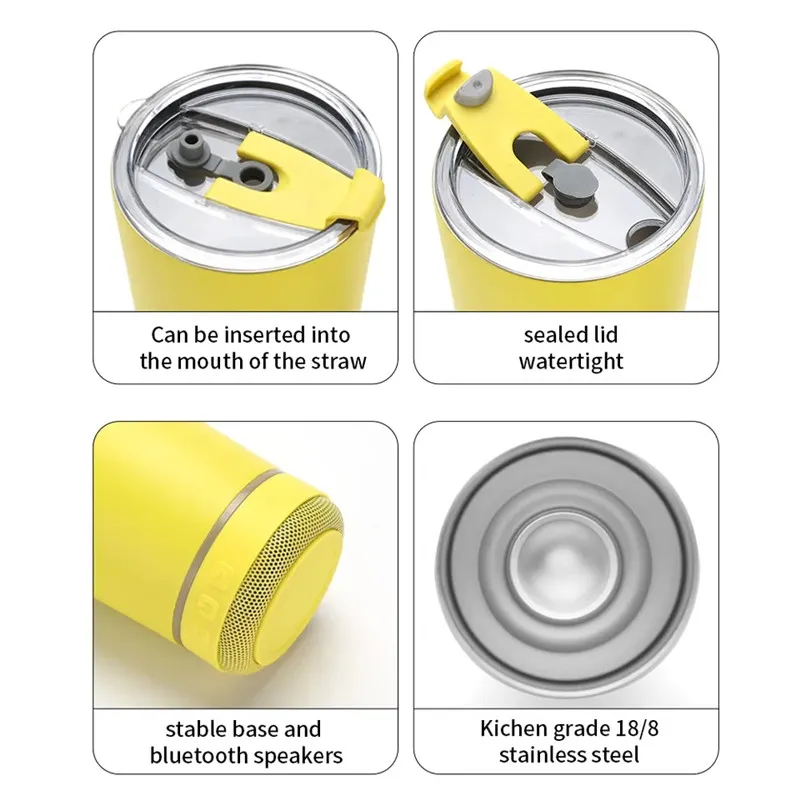 30oz Music Speaker Tumbler With Straws & Lids Double Walled Stainless Steel Coffee Cups Drinking Mug With Waterproof Wireless Bluetooth Speaker Detachable LED Light