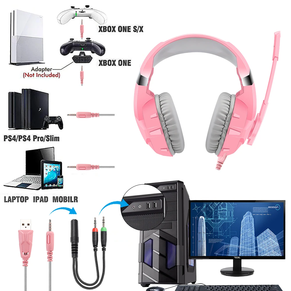 Наушники/гарнитура, розовая гарнитура для девочек-геймеров с HD-микрофоном, светодиодная подсветка, наушники для ПК для сотового телефона/ноутбука/PS4/XBOX, подарок для девочек