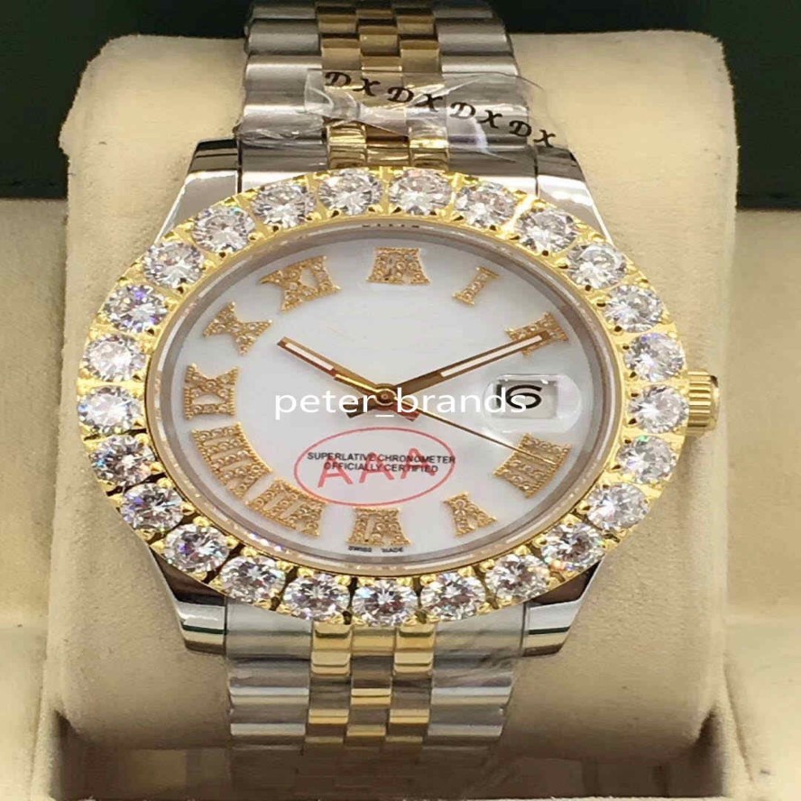 Zestaw Diamond zegarki dwustronne Srebrna złota 43 mm Biała twarz Większa diamentowa ramka Automatyczna moda męska zegarek 3016