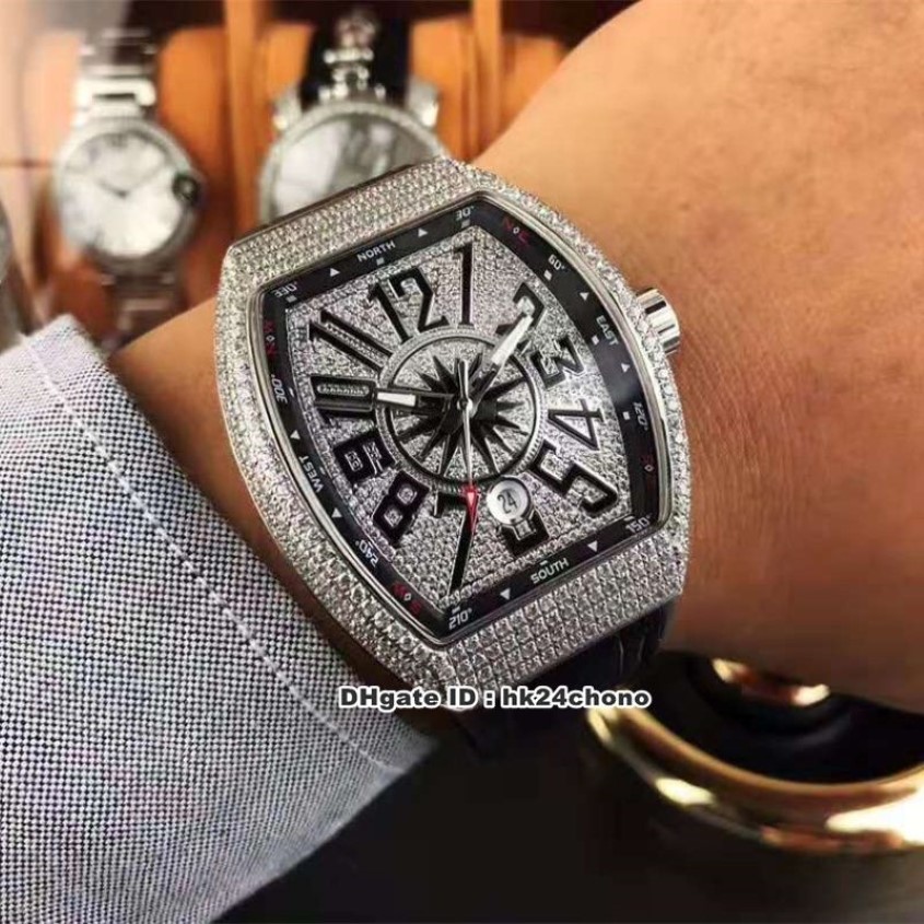 2 estilos de relógios de luxo Vanguard Full Diamonds Automatic Mens Watch V 45 SC DT Dense Diamond Dial Leather Strap Gents WristWatches214D