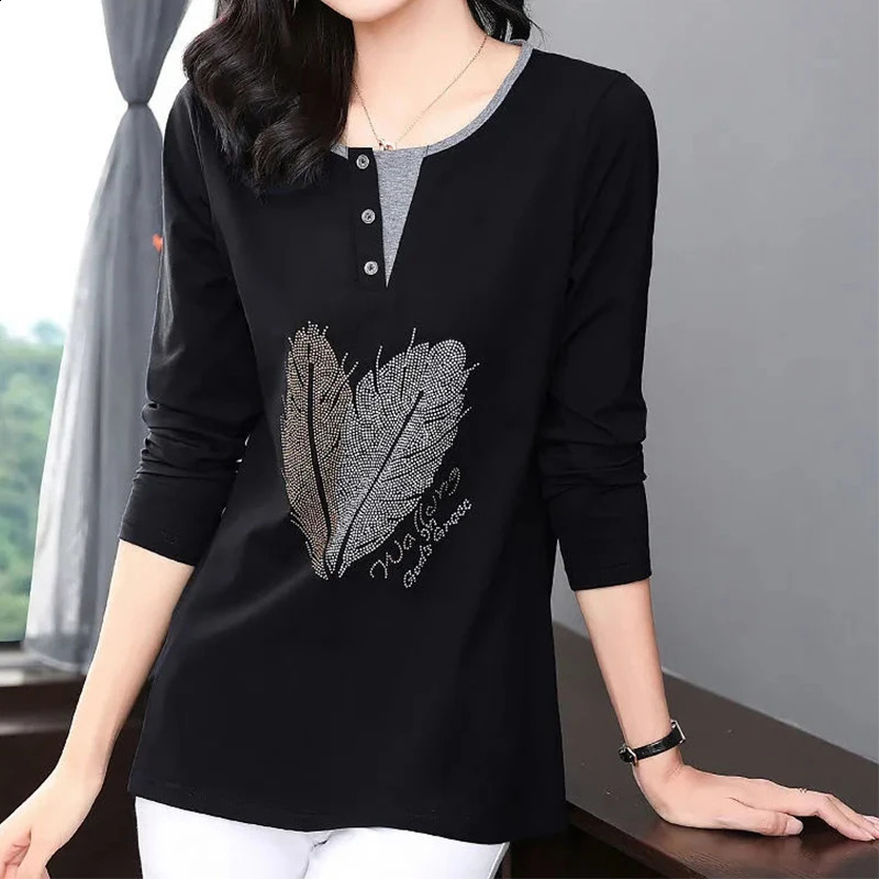 Women Round Neck Comfortable Cotton Top Tee Spring Autumn Trend Diamonds Office Lady Long Sleeve Shirt Womens Casual T-shirt 240219