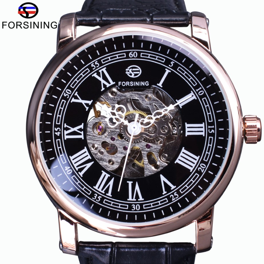 Forsining Retro Series Orologio scheletro romano Display quadrante nero Orologio meccanico Cassa dorata rosa Orologio automatico da uomo Top Brand Lu284I