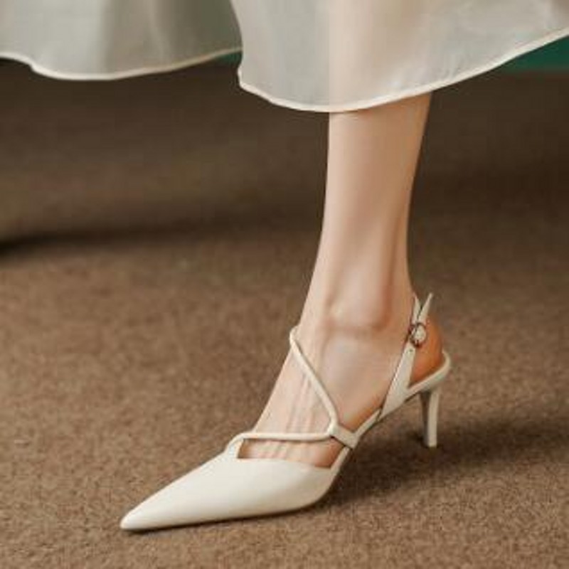 Elegant White Beige Women Mary Jane Shoes Fashion High heel Genuine Leather Pointed toe Party Dress Shoes