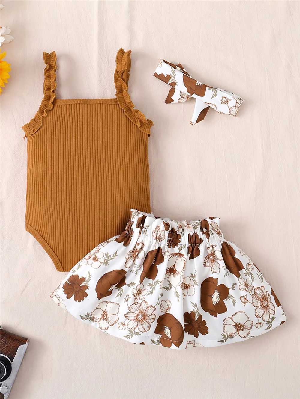 Ensembles de vêtements 3 pièces ensemble de vêtements pour bébé fille 3-18 mois sans manches solide body + jupe florale + bandeau été infantile fille tenue décontractée costume