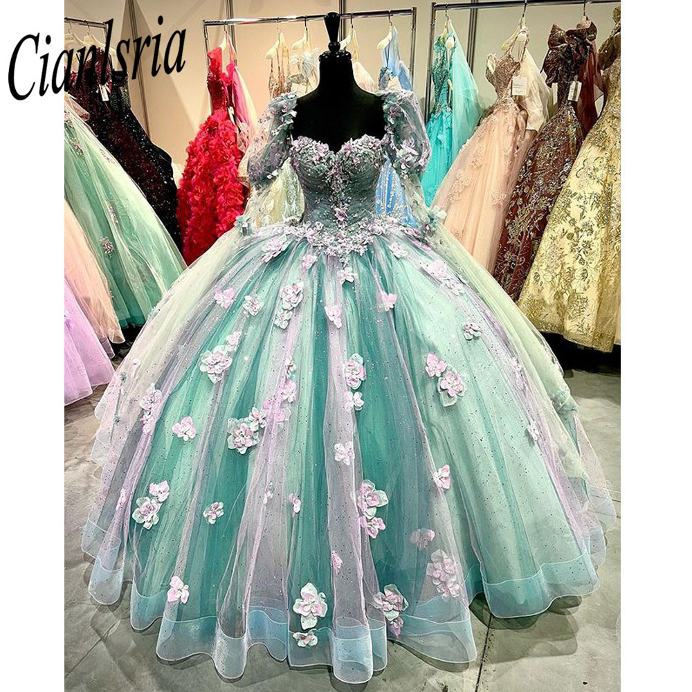 Romantische Erröten 3d Blumen Ballkleid Quinceanera Prom Kleider Kaftan Perlen Spitze Lange Süße 16 Kleid Vestidos