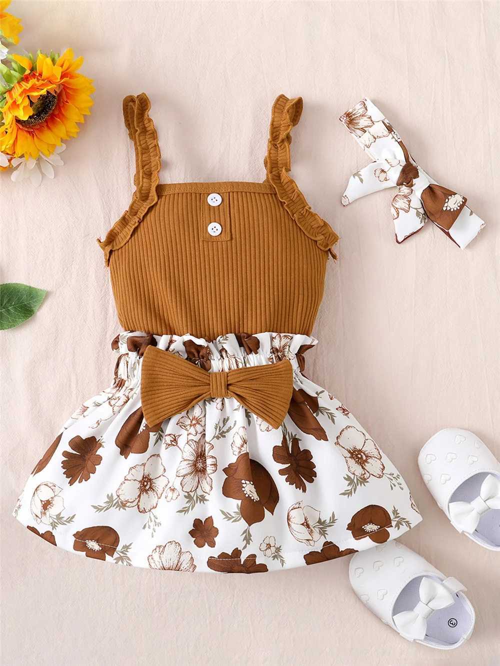 Ensembles de vêtements 3 pièces ensemble de vêtements pour bébé fille 3-18 mois sans manches solide body + jupe florale + bandeau été infantile fille tenue décontractée costume