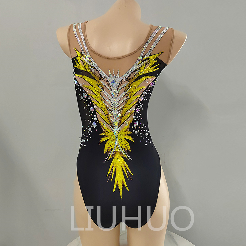 LIUHUO Personnaliser Les Couleurs Maillots De Bain Synchronisés Filles Femmes Cristaux De Qualité Extensible Qualité Strass Performance De L'équipe De Natation Noir-Jaune