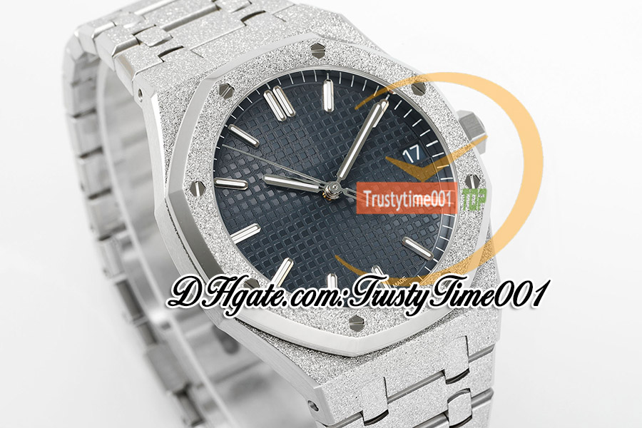 APSF 15500 Frosted SS SA4302 Montre automatique pour homme 41 mm Cadran texturé bleu Marqueurs de bâton en acier inoxydable Bracelet SS Super Edition Trustytime001 Montres-bracelets