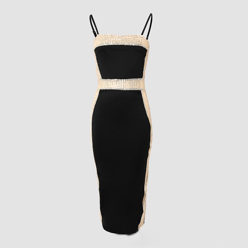 Vest Sexig Midi -klänning för kvinnor Bandeau Kvinnliga långa strandklänningar Slim ärmlös Solid Black Summer Fashion Column Dress paljetter