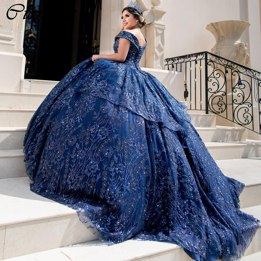 Robe De bal à paillettes bleu foncé, robes De Quinceanera, épaules dénudées, Corset à perles, robes De 15 ans