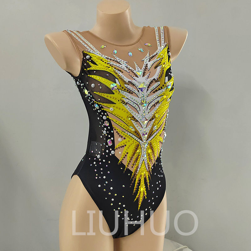 LIUHUO Personnaliser Les Couleurs Maillots De Bain Synchronisés Filles Femmes Cristaux De Qualité Extensible Qualité Strass Performance De L'équipe De Natation Noir-Jaune