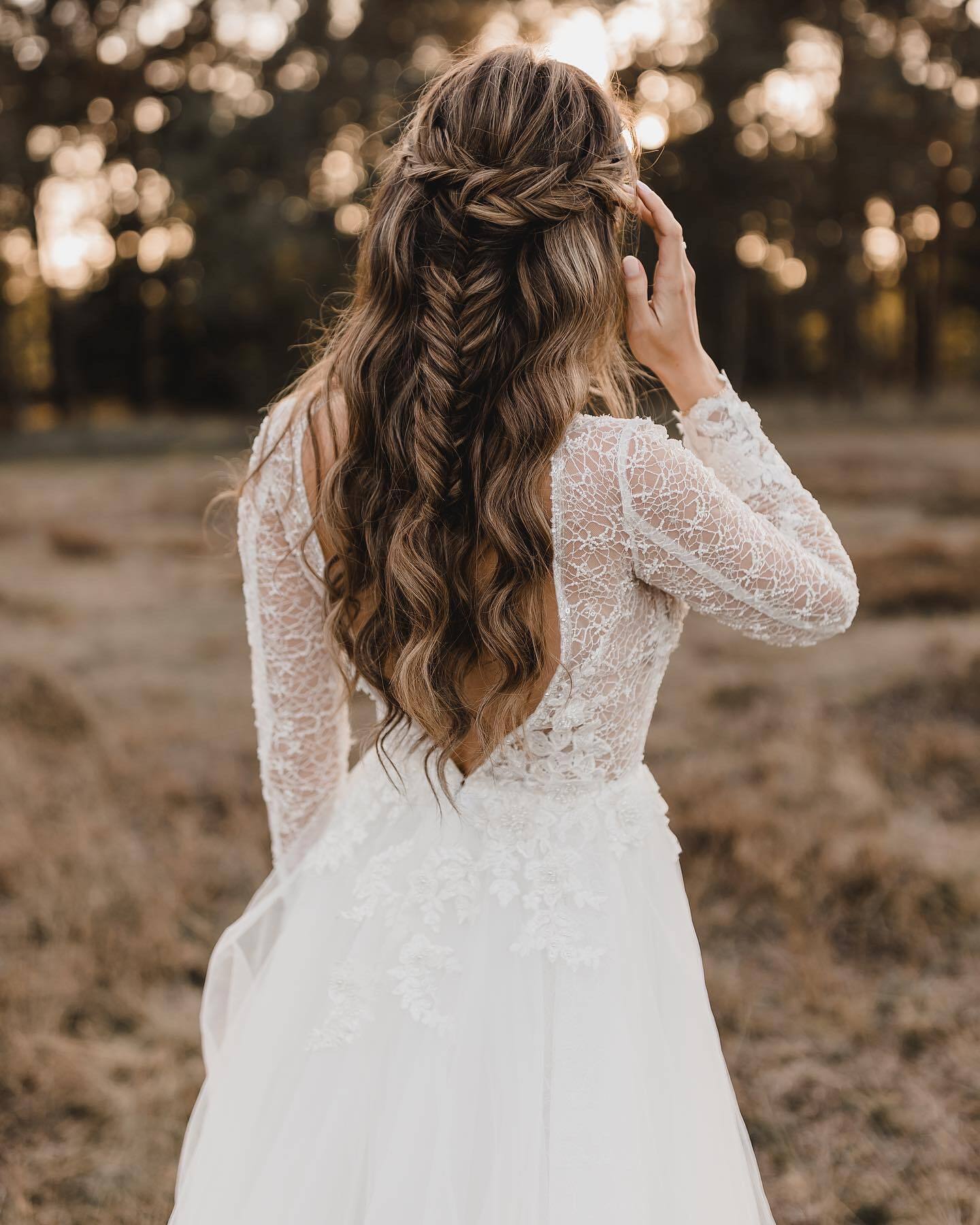 Bescheidenes Landhochzeitskleid mit langen Ärmeln, V-Ausschnitt, Chiffon-Spitze-Brautkleidern für den Garten, Vestido de Novia