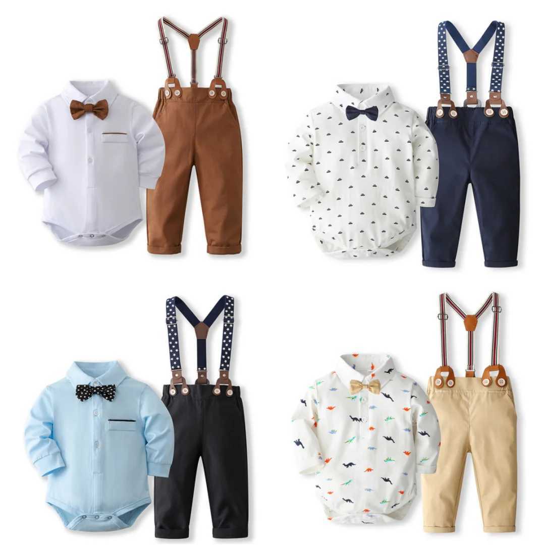 Clothing Sets Formal Gentleman Clothng Set for Baby Infant Solid Romper Suit Boy First Birthday Costume 0-24 Month Toddler Cotton Kids Outfit
