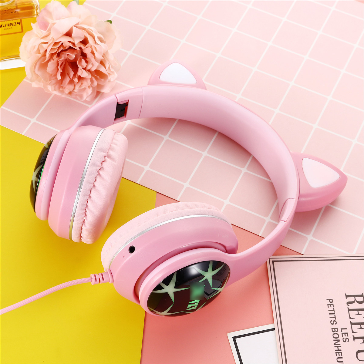 Oreilles de chat émettant de la lumière LED, Double carte Micro son, casque de jeu vidéo USB Esports, écouteurs d'apprentissage, casque filaire