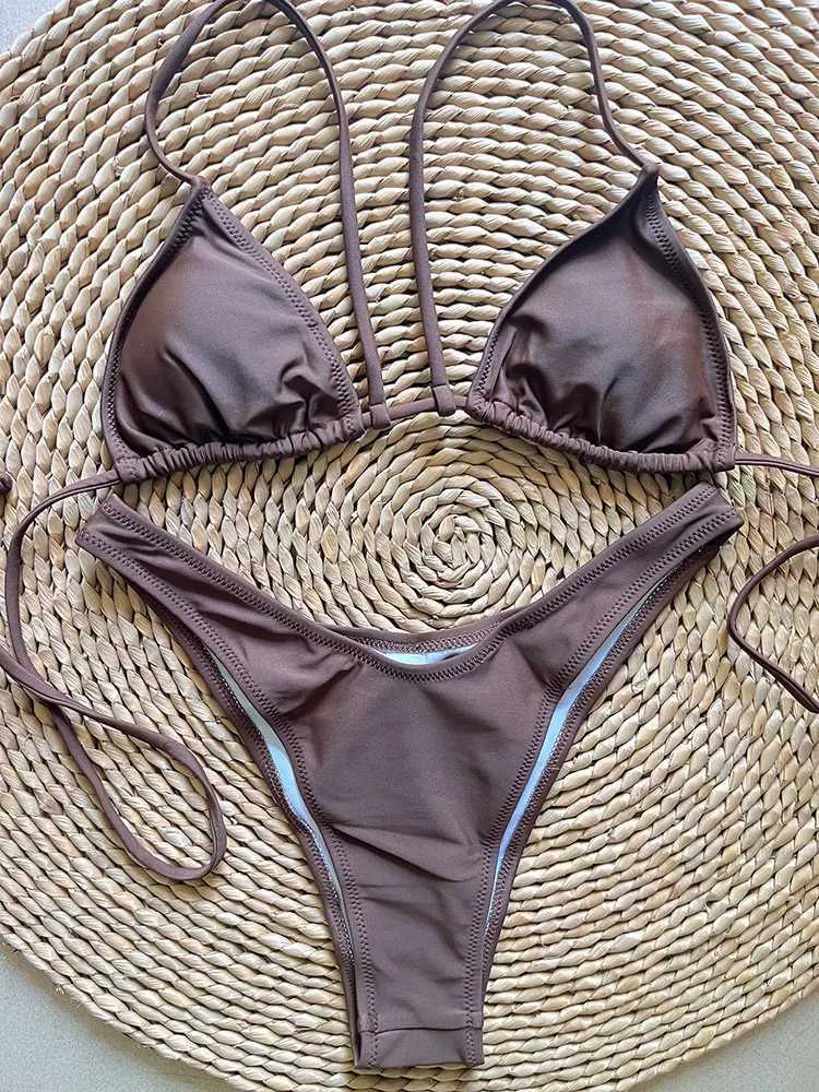 Costume da bagno donna Micro brasiliano Mini bikini Costume da bagno Mat Bikini 2023 Costume da bagno push up Costume da bagno con cinturino caffè Costume da bagno donna J240221