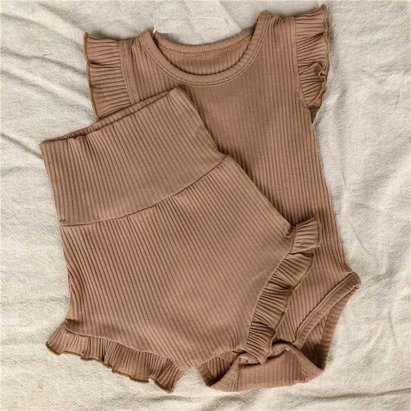 Kledingsets Babymeisje Nieuwe kledingset Zacht geribbeld katoen Bosyuit Shorts Kledingset Leuke peutermode Comfortabele jumpsuit Bloomers