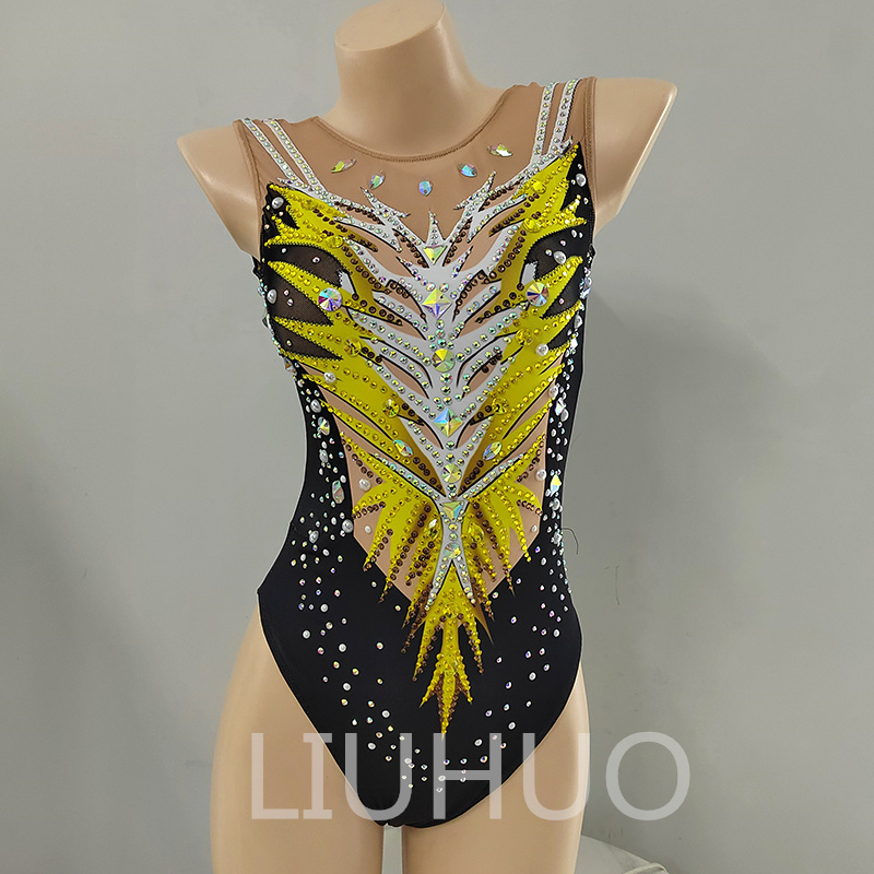 LIUHUO Personnaliser Les Couleurs Maillots De Bain Synchronisés Filles Femmes Cristaux De Qualité Extensible Qualité Strass Performance De L'équipe De Natation Noir-Jaune