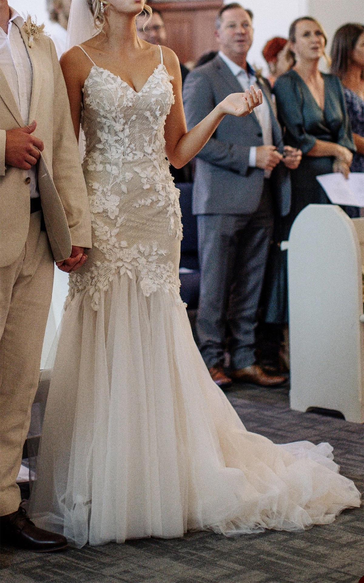 Robe de mariée sirène scintillante, avec des appliques en dentelle, sur mesure, dos nu, avec train de balayage, sans manches