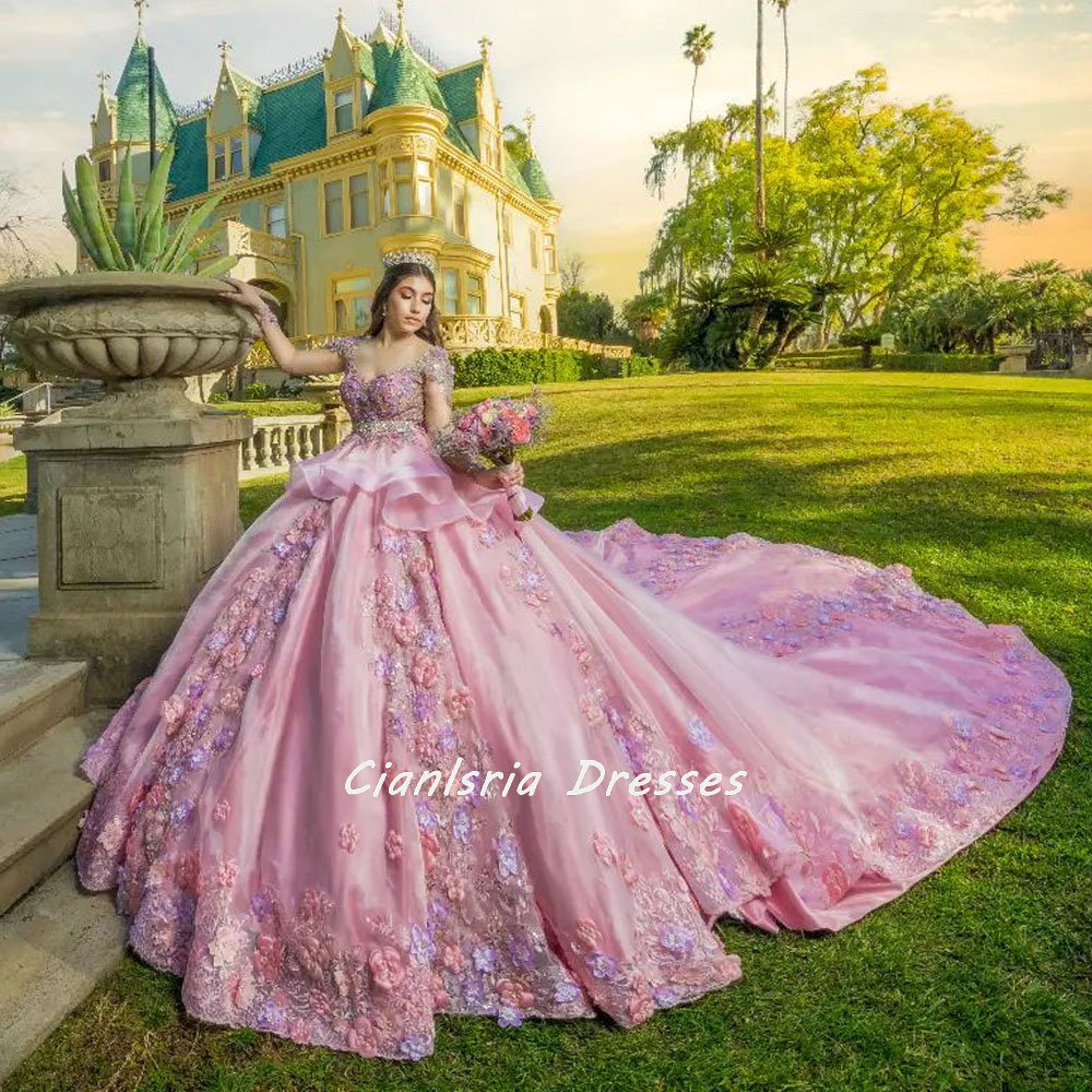 Pink Off the Shoulder Ruffles QuinCeanera Dresses Ball Gown Colorful 3D Flowers Applicies Lace Corset Vestidos Para XV ANOS